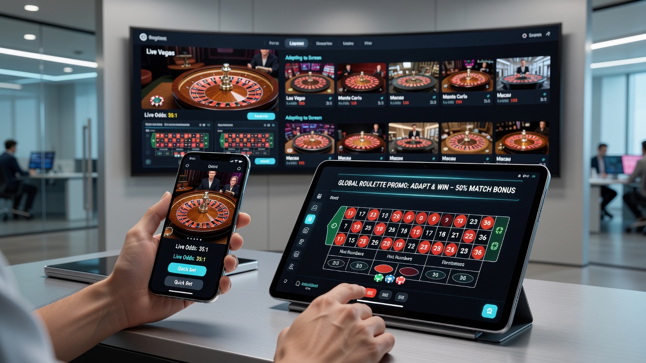 Live dealer roulette table shown on tablet screen with bonus overlay and multi-device comparison