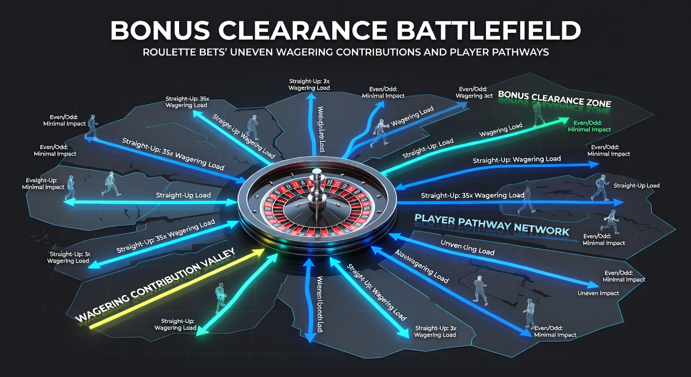 Digital roulette table displaying various bets with wagering contribution indicators overlaid, highlighting even-money options in green and high-risk bets in red