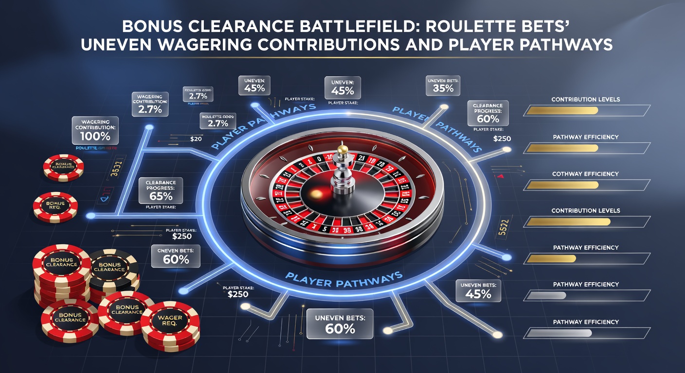 Infographic chart comparing wagering contributions across roulette bet types, with bar graphs showing 100% for even-money bets tapering to 10% for straights, alongside a sample player progression timeline