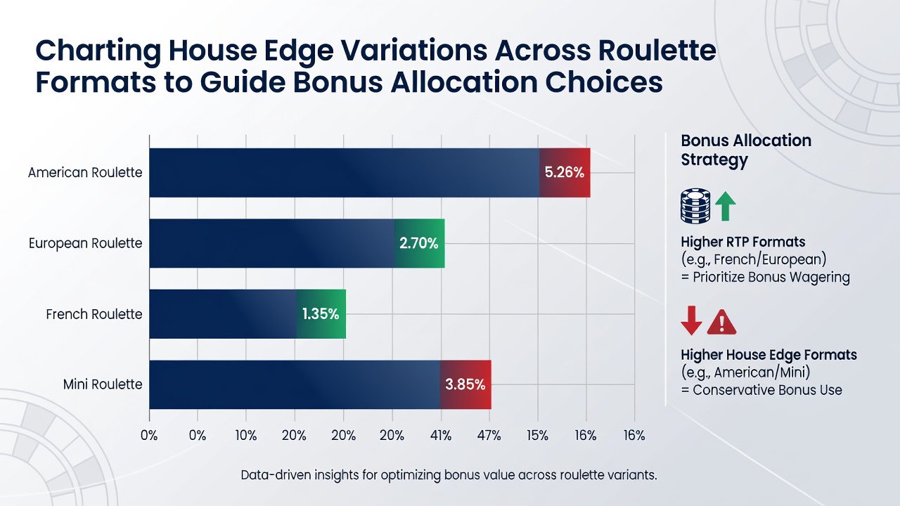 Comparison chart displaying house edge percentages across roulette formats with bonus allocation icons