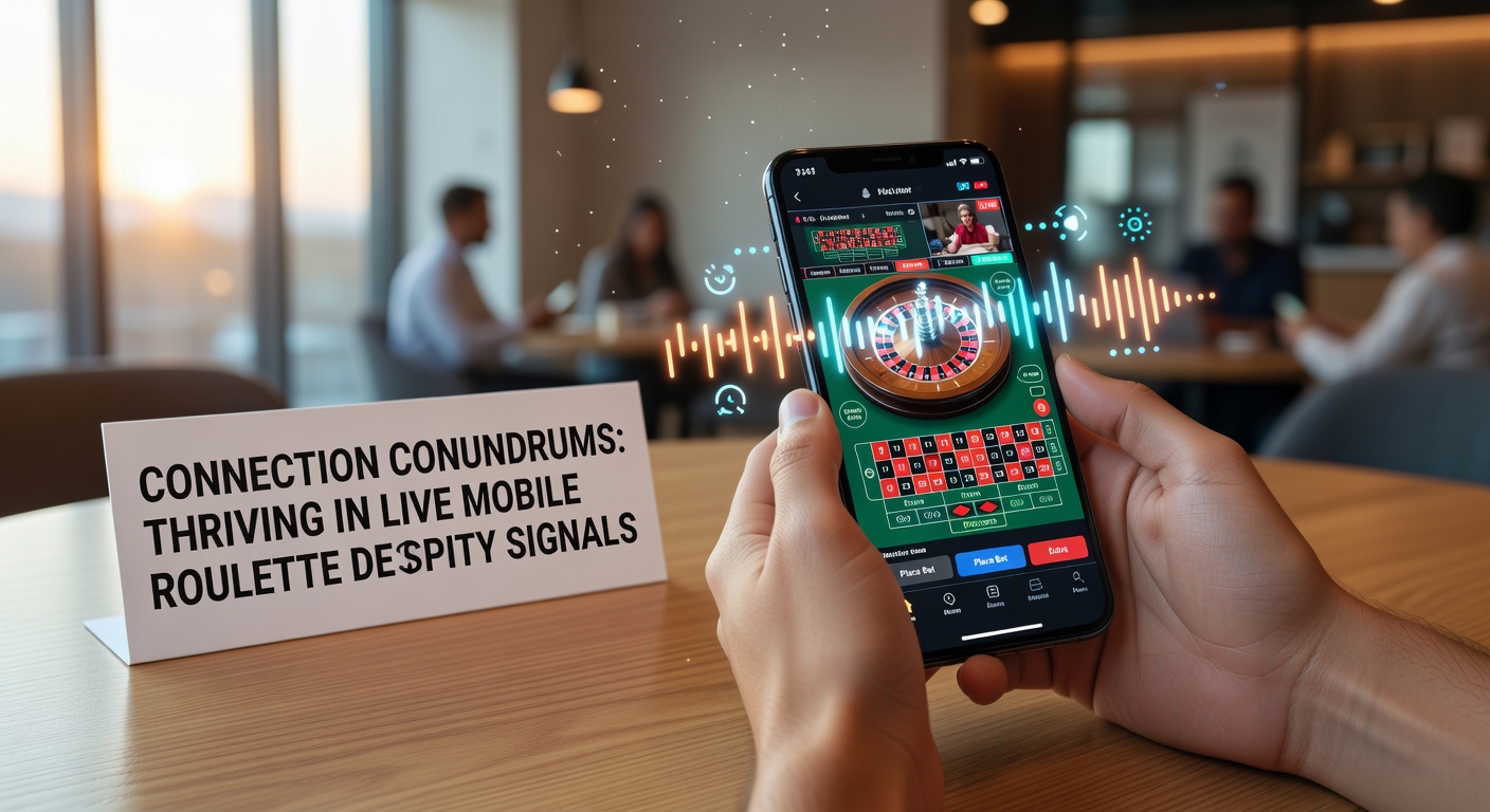 Player's hand holding a smartphone with a live roulette app open, signal indicator showing weak bars next to a stabilizing connection icon and chat overlay with dealer