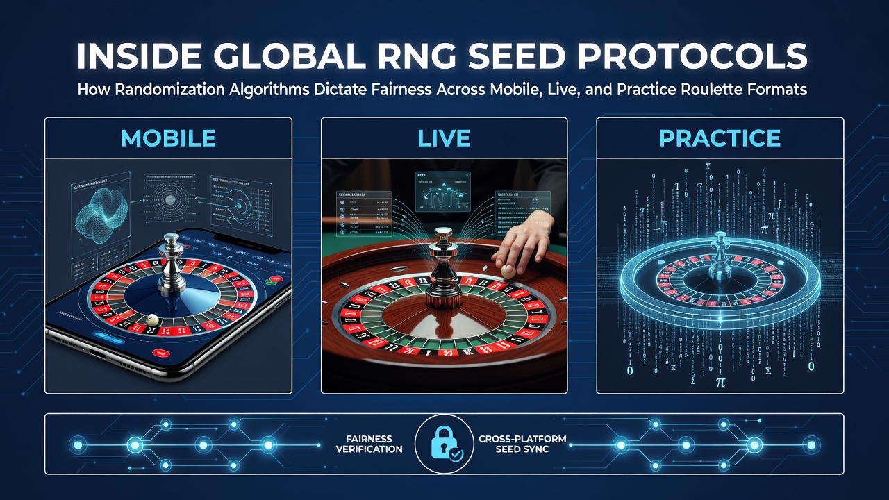 Diagram illustrating RNG seed generation and distribution across mobile, live, and practice roulette platforms