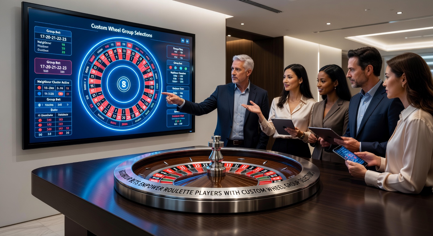 Digital roulette interface on a mobile device displaying a neighbour bet menu wth customizable wheel sectors selected, chips distributed across adjacent numbers during a live dealer game.