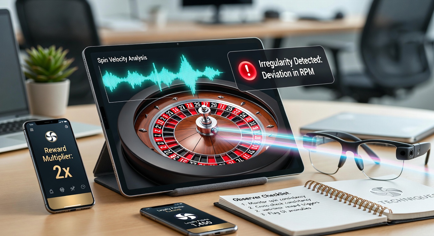 Mobile roulette app interface showing spinning wheel with overlaid observation markers for detecting mechanical irregularities
