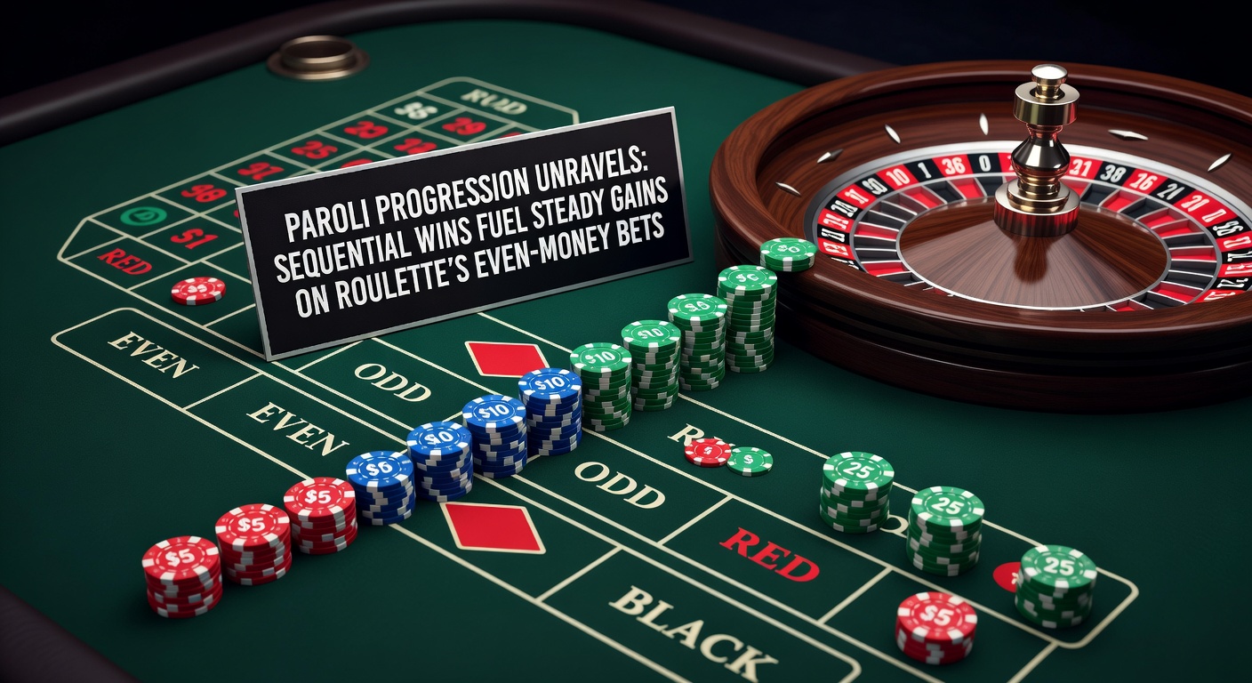 Illustration of Paroli progression sequence on a roulette table showing escalating bets during winning streaks