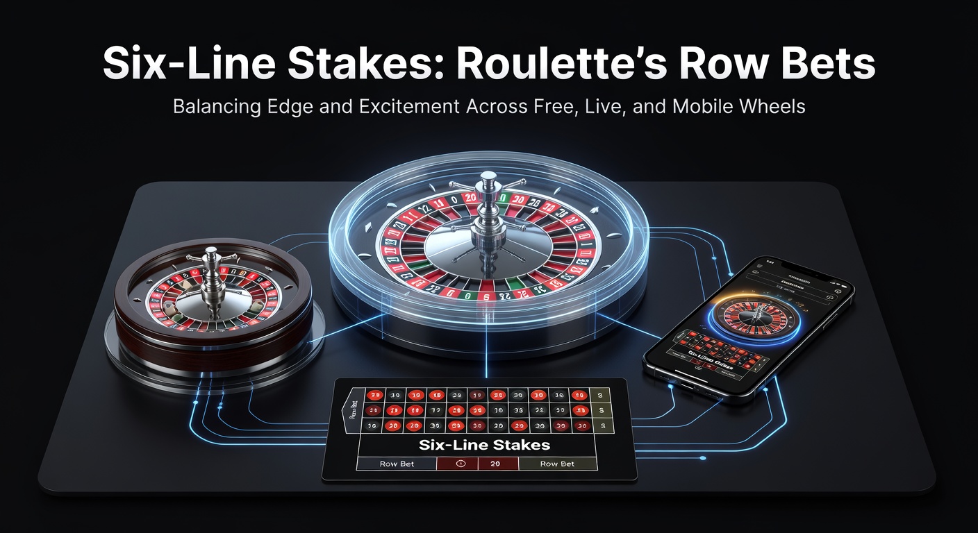 Close-up of a roulette betting layout highlighting a six-line stake covering two rows of numbers, with chips stacked neatly on the intersection