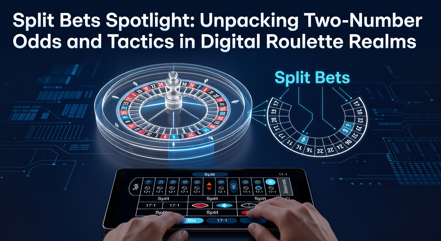 A close-up view of a digital roulette table highlighting a split bet placement between two adjacent numbers, with glowing chips and spinning wheel in the background