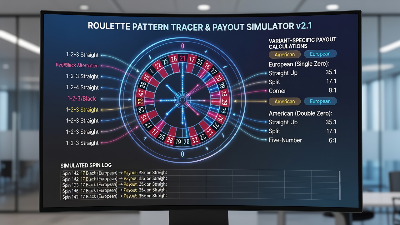 Roulette wheel number sequences displayed in a simulation interface showing European and American variants side by side