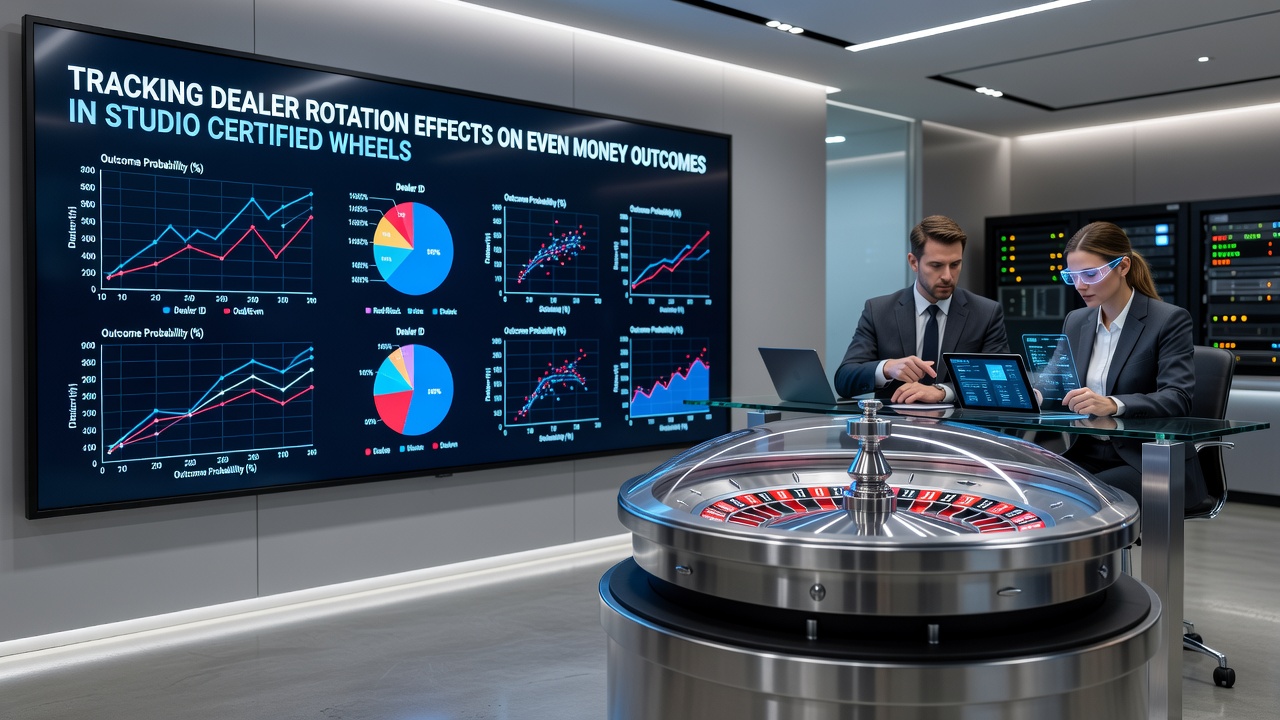 Studio certified roulette wheel with dealer rotation monitoring equipment in a professional gaming facility