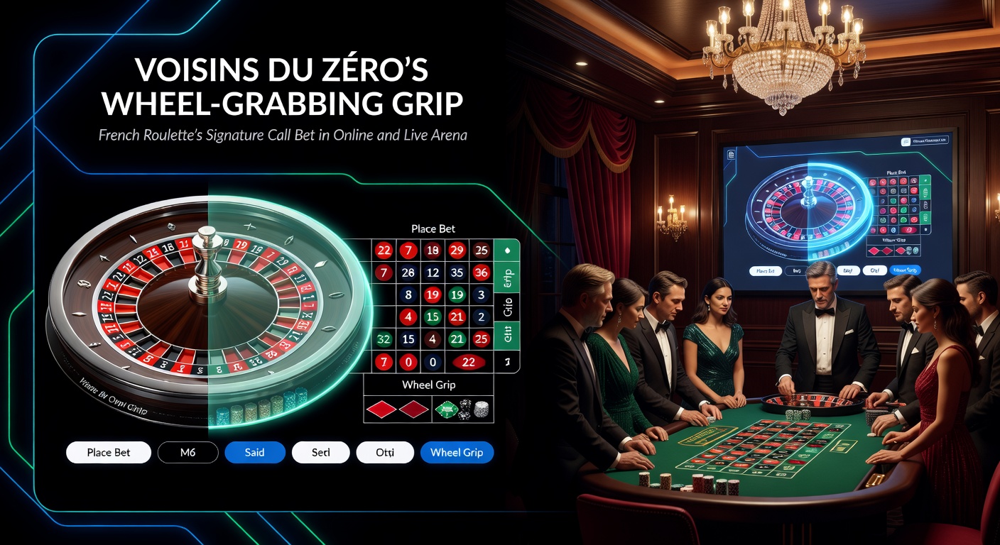 Live dealer announcing Voisins du Zéro at a French roulette table, with racetrack bets illuminated and wheel spinning in the background