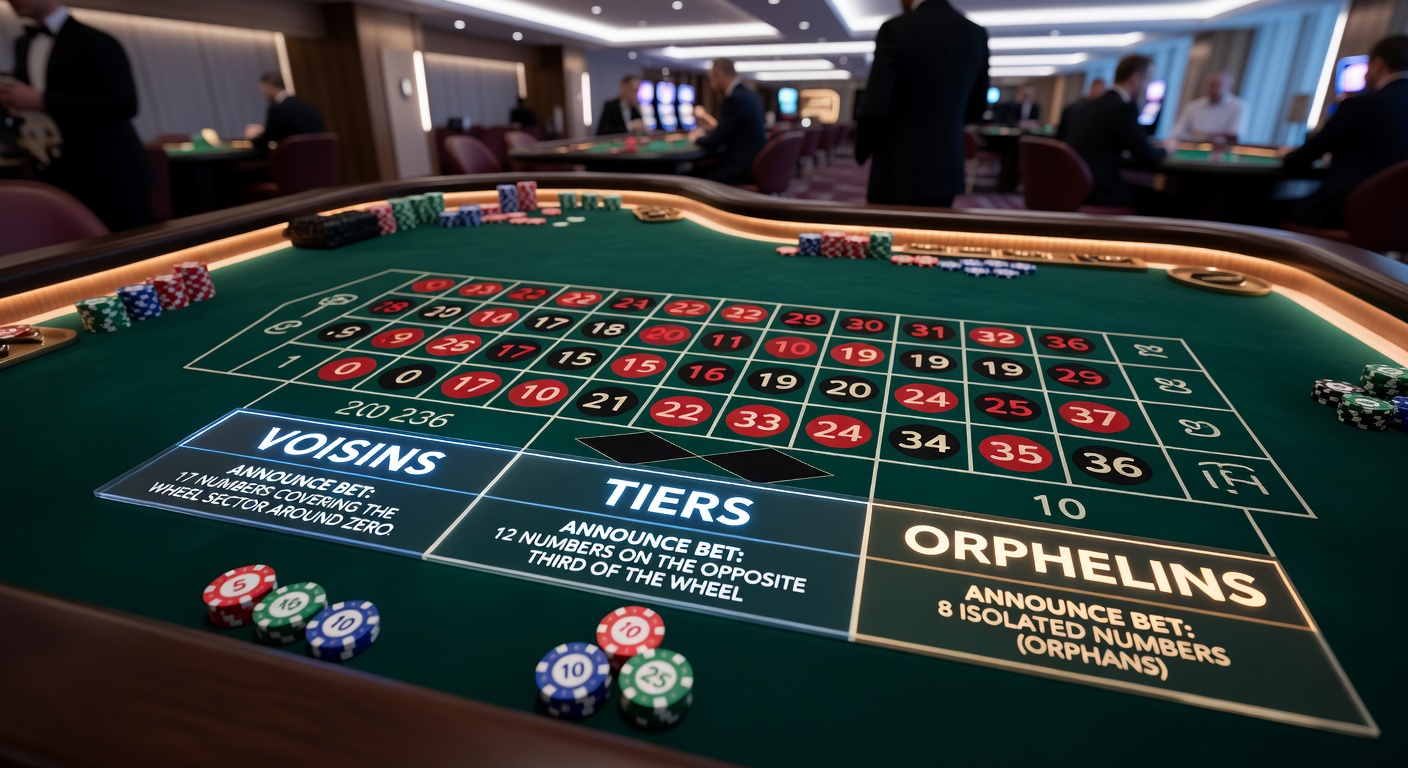 French roulette table layout highlighting Voisins du Zero, Tiers du Cylindre, and Orphelins announce bets with chips placed strategically around the zero section